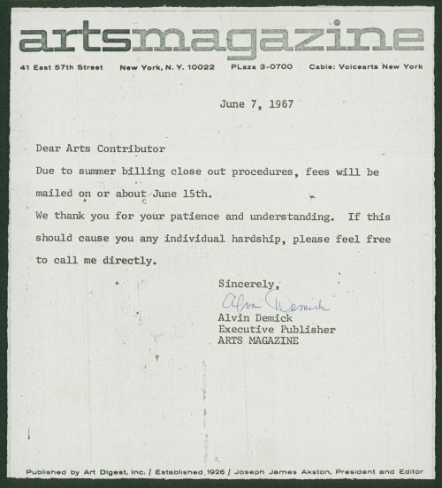 Alvin Demick (Absender*in), Korrespondenz von Arts Magazine an [?], 07.06.1967