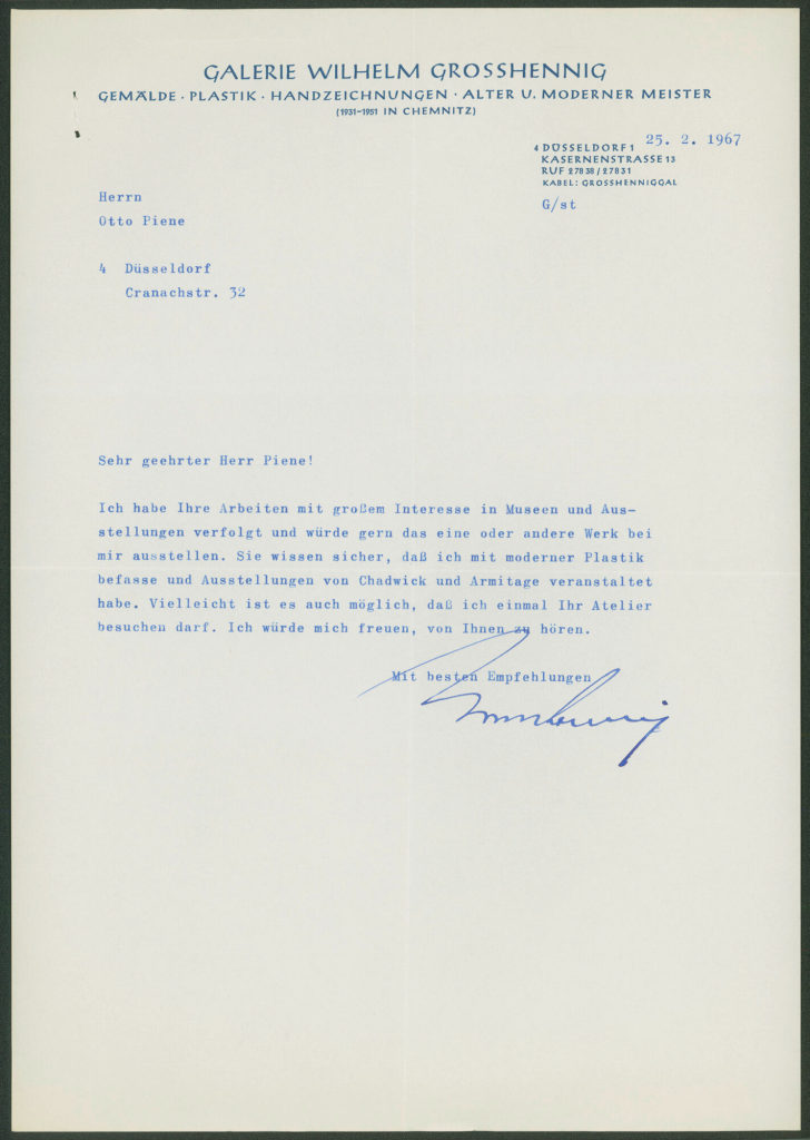 Korrespondenz von der Galerie Wilhelm Grosshennig an Otto Piene