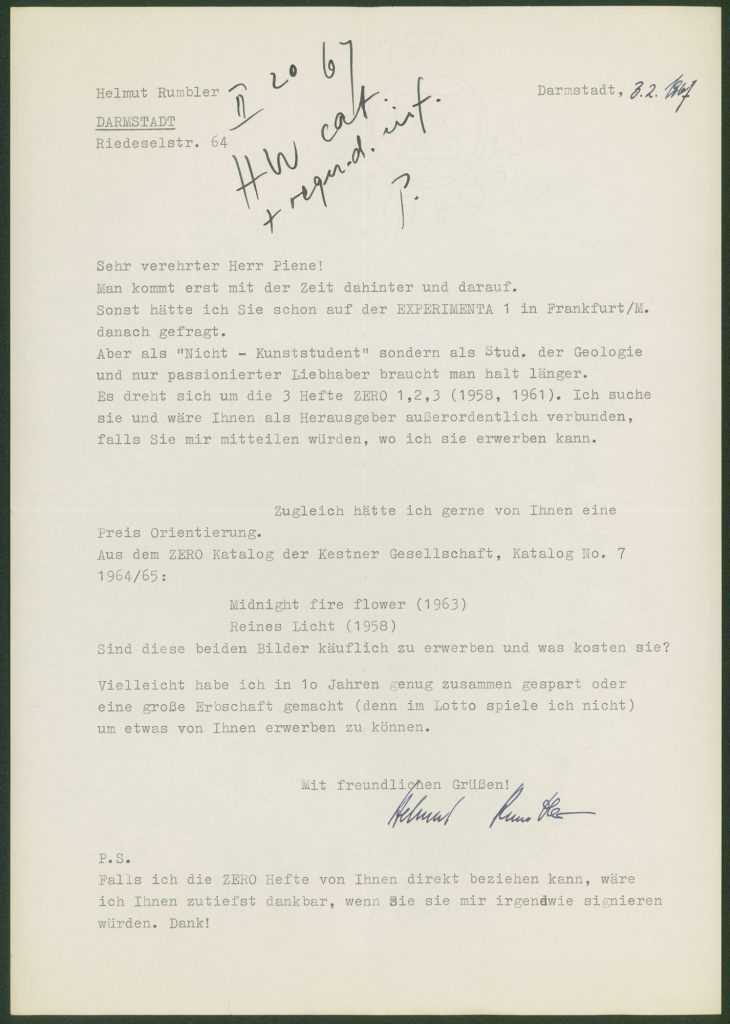 Korrespondenz von Helmut Rumbler an Otto Piene