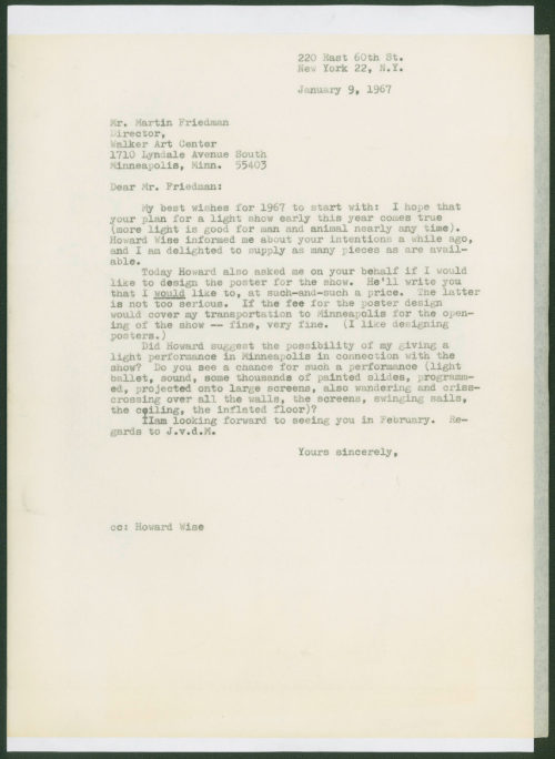 Otto Piene (Absender*in), Korrespondenz von Otto Piene an Dr. Martin Friedman, 09.01.1967