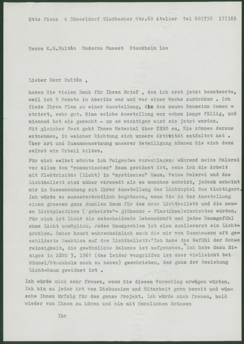 Otto Piene (Absender*in), Korrepondenz von Otto Piene an das Moderna Museet Stockholm, 17.11.1965