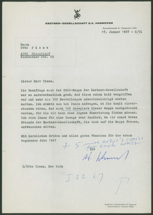 Kestner-Gesellschaft e.V. (Absender*in), Korrespondenz von Kestner-Gesellschaft Hannover an Otto Piene, 17.01.1967