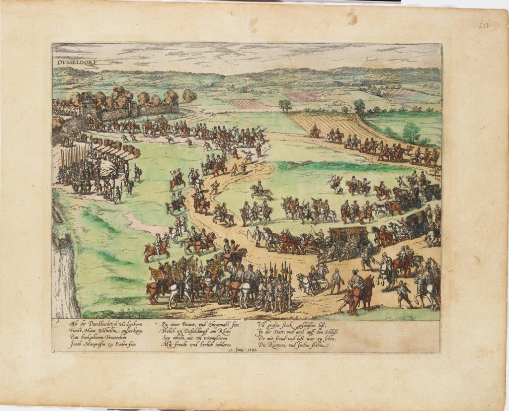 Beschreibung derer Fürstlicher Güligscher ec. Hochzeit: Empfang Philipp Ludwigs von Pfalz-Neuburg und seiner Familie vor Düsseldorf im Juni 1585