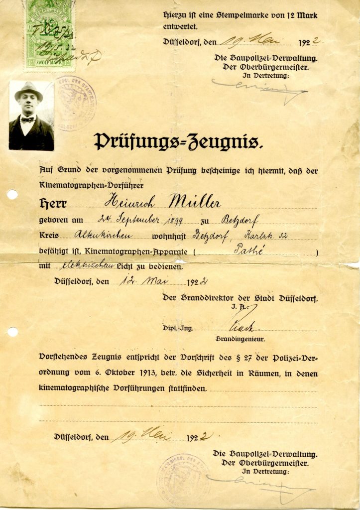 Kinematographen-Vorführer-Prüfungs-Zeugnis von Heinrich Müller, 1922