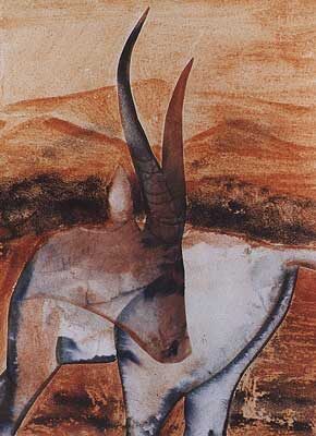 Hans Winfried Abele: Antilope, Sand-Aquarell und Collage aus Reis-Papier, 24.0 x 32.0, 1992