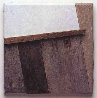 Jochen Duckwitz: Durchblick, Leinwand, Fundhölzer, div. Kleber, Tempera, 24 x 24 x 4 cm, 1996