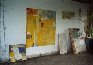 M. Schopen-Richter: Stellwerk 3, 2004, Acryl/Papier/Holz, 140 x 130 cm