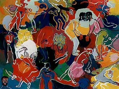 Hilde Dünnbier: Afrikanischer Tanz, Acrylfarbe, 280 x 140 cm