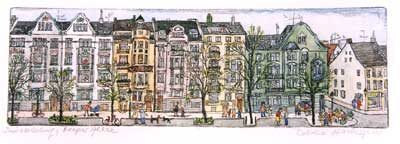 Editha Hackspiel: Berger Allee, aquarellierte Radierung, 11 x 24 cm, 2002