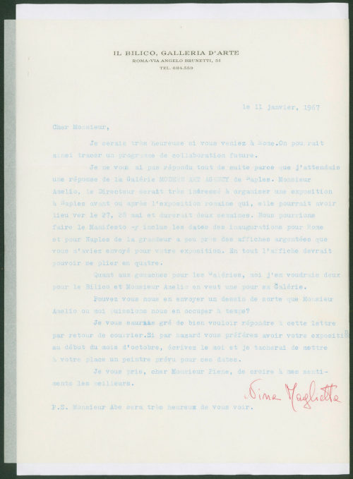 Il Bilico, Galleria d'Arte (Absender*in), Korrespondenz von Nina Maglietta, Il Bilico, Galleria d'Arte an [Otto Piene], 11.01.1967