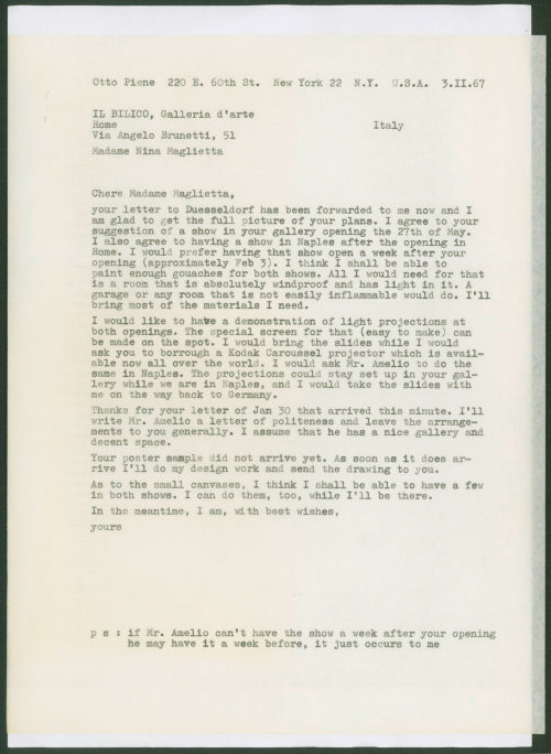 Otto Piene (Absender*in), Korrespondenz von Otto Piene an Nina Maglietta, Il Bilico, Galleria d'Arte, 03.02.1967