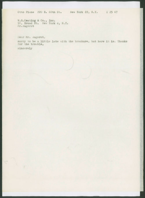 Otto Piene (Absender*in), Korrespondenz von Otto Piene an [?] Augerot, W.R. Keating & Co. Inc., 25.01.1967