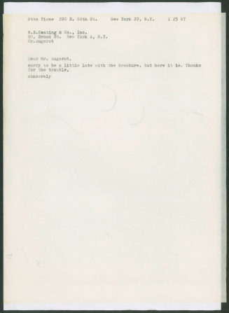 Korrespondenz von Otto Piene an [?] Augerot, W.R. Keating & Co. Inc.