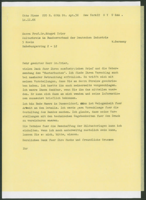 Eduard Trier (Absender*in), Korrespondenz von Otto Piene an Dr. Eduard Trier, Kulturkreis im Bundesverband der Deutschen Industrie, 14.02.1966