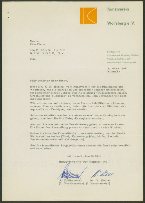 Kunstverein Wolfsburg e.V. (Absender*in), Korrespondenz vom Kunstverein Wolfsburg an Otto Piene, 08.03.1966