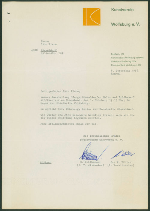 Kunstverein Wolfsburg e.V. (Absender*in), Korrespondenz von Otto Piene an [den Kunstverein Wolfsburg e.V.], 05.09.1966