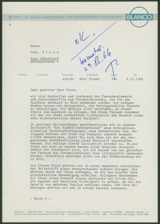 Korrespondenz von Blanc + Co an Otto Piene