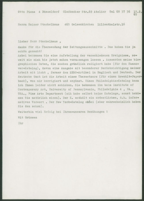 Otto Piene (Absender*in), Korrespondenz von Otto Piene an Heiner Stachelhaus, 15.02.1965