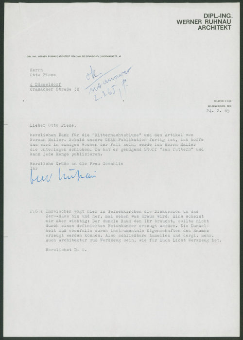 Werner Ruhnau (Absender*in), Korrespondenz von Werner Ruhnau an Otto Piene, 24.02.1965