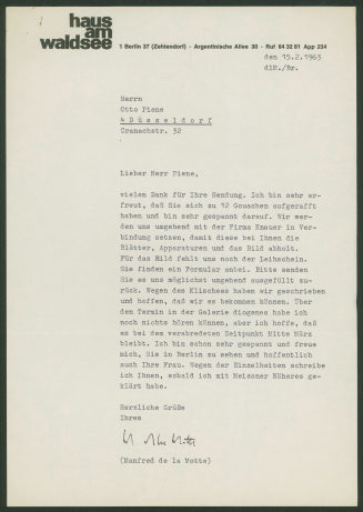 Korrespondenz von Haus am Waldsee an Otto Piene