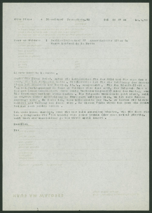 Otto Piene (Absender*in), Korrespondenz von Otto Piene an [Manfred] de la Motte, 16.02.1963