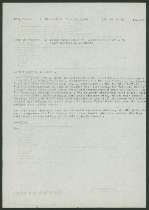 Otto Piene (Absender*in), Korrespondenz von Otto Piene an [Manfred] de la Motte, 16.02.1963