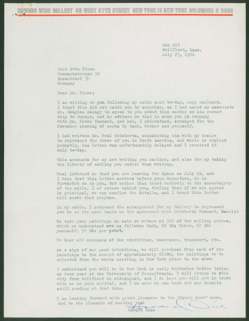 Otto Piene (Empfänger*in), Korrespondenz von Howard Wise Gallery an Otto Piene, 25.07.1964