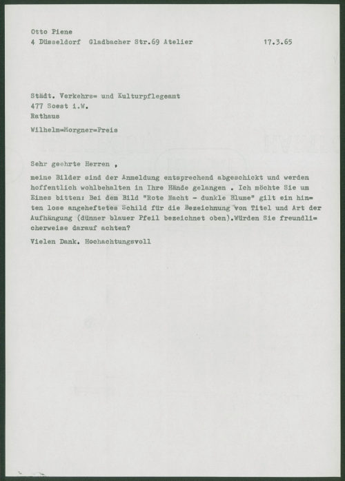 Otto Piene (Absender*in), Korrespondenz von Otto Piene an die Städtische Verkehrs- und Kulturpflege in Soest i.W., 17.03.1965