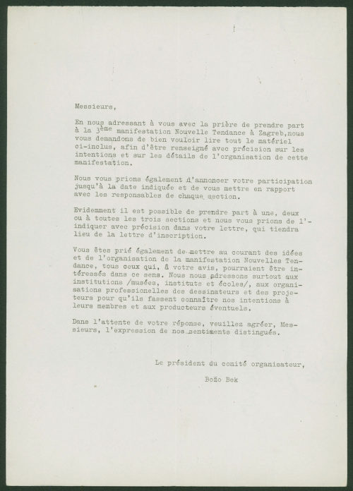 Bozo Bek (Absender*in), Korrespondenz von Bozo Bek an [Otto Piene], ohne Datum