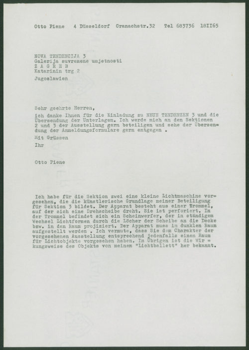 Otto Piene (Absender*in), Korrespondenz von Otto Piene an Gradska Galerija Suvremene Umjestnosti, 18.11.1965