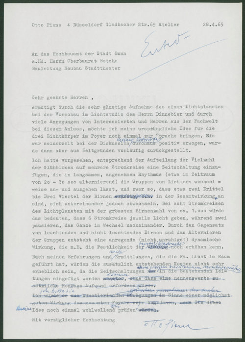 Otto Piene (Absender*in), Korrespondenz von Otto Piene an das Hochbauamt der Stadt Bonn, 28.04.1965