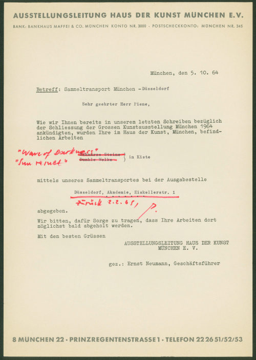 Otto Piene (Empfänger*in), Korrespondenz von der Ausstellungsleitung Haus der Kunst München e.V. an Otto Piene, 05.10.1964