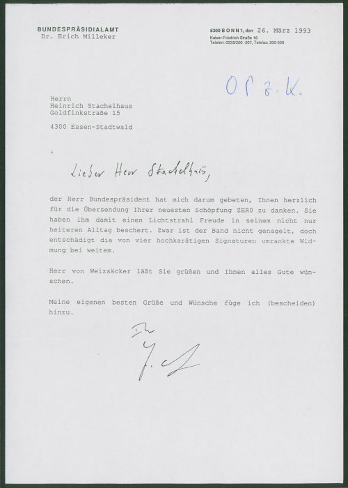 Deutschland (Bundesrepublik) Bundespräsidialamt (Absender*in), Korrespondenz von Bundespräsidialamt an Heinrich Stachelhaus, 26.03.1993