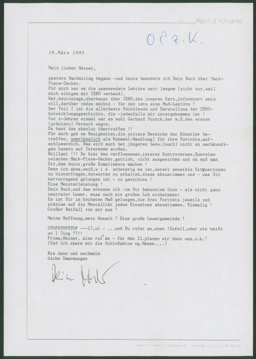 Rochus Kowallek (Absender*in), Korrespondenz von Rochus Kowallek an Heiner Stachelhaus, 29.03.1993