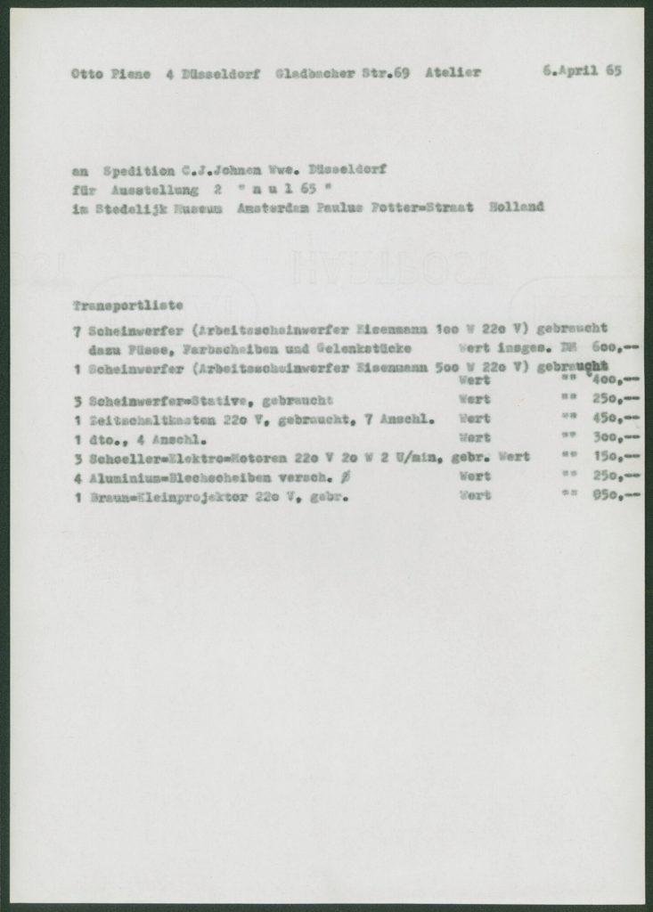Korrespondenz von Otto Piene an [Spedition C.J. Johnen Wwe.]