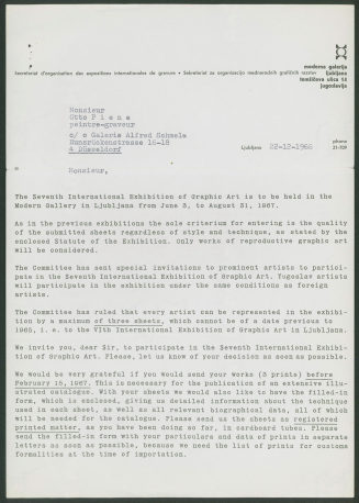 Korrespondenz von der Moderna Galerija, Ljubljana, an Otto Piene