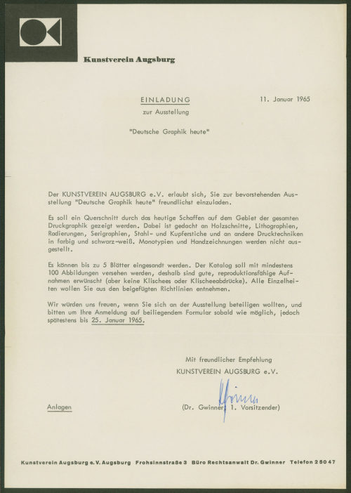 Kunstverein Augsburg e.V. (Absender*in), Korrespondenz vom Kunstverein Augsburg an Otto Piene, 11.01.1965; 04.02.1965