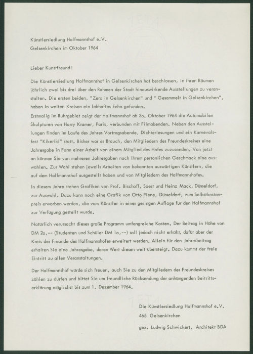 Künstlersiedlung Halfmannshof e.V. (Absender*in), Korrespondenz von der Künstlersiedlung Halfmannshof e.V. an [Otto Piene], ??.10.1964