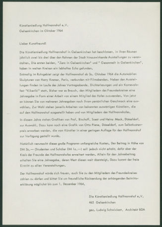 Korrespondenz von der Künstlersiedlung Halfmannshof e.V. an [Otto Piene]