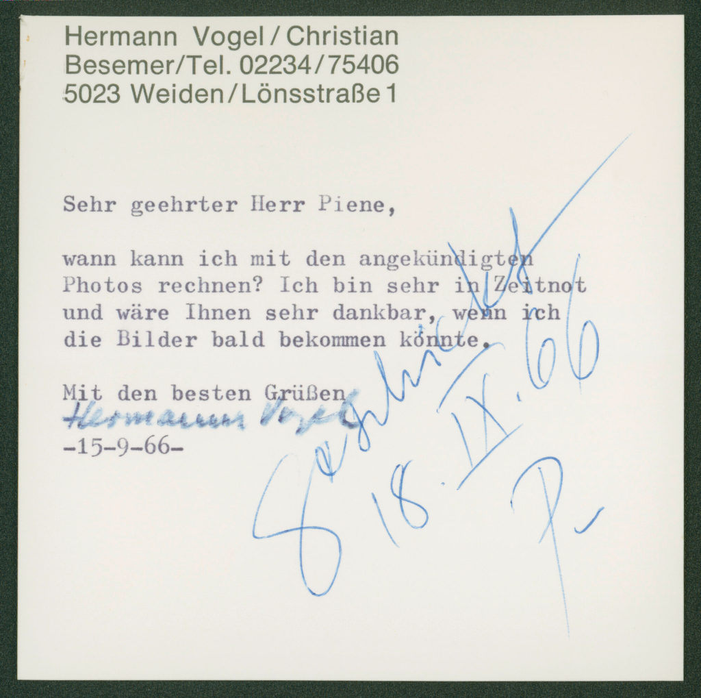 Korrespondenz von Hermann Vogel an Otto Piene