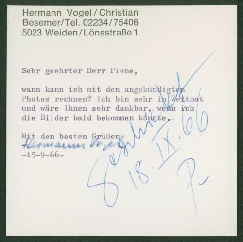 Hermann Vogel (Absender*in), Korrespondenz von Hermann Vogel an Otto Piene, 15.09.1966