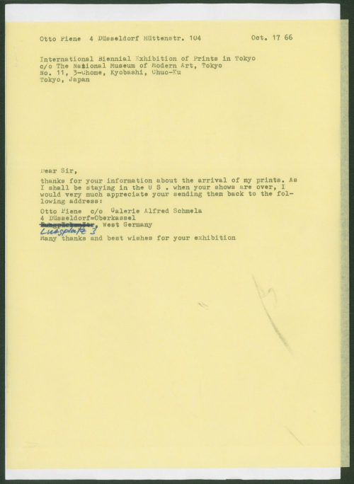 Otto Piene (Absender*in), Korrespondenz von Otto Piene an die International Biennial Exhibition of Prints in Tokyo, 17.10.1966