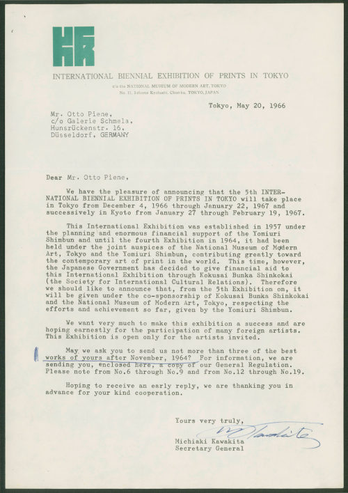 International Biennial Exhibition of Prints in Tokyo (Absender*in), Korrespondenz von der International Biennial Exhibition of Prints in Tokyo an Otto Piene, 20.05.1966