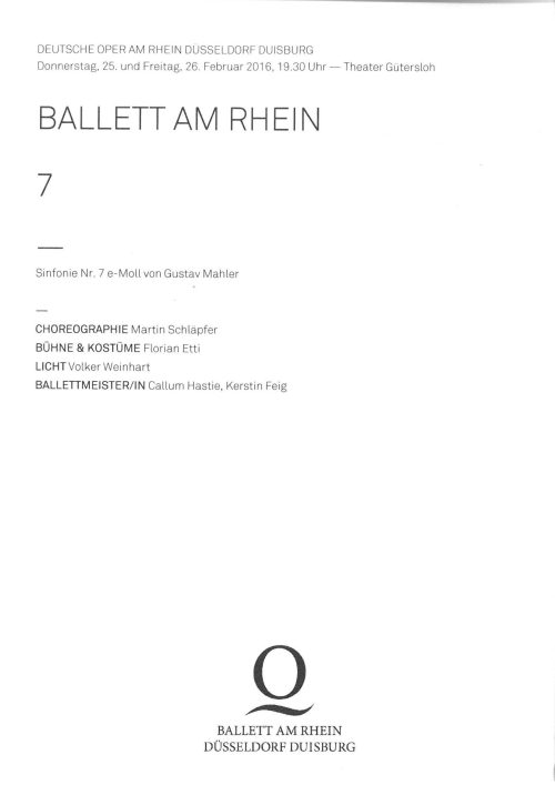 Theaterzettel Gastspiel Ballett am Rhein "7" im Theater Gütersloh, 25. und 26. Februar 2016. 