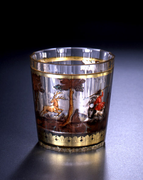 Unbekannt (Ausführung), Zwischengoldglas-Becher mit Jagdmotiven, um 1730/1740