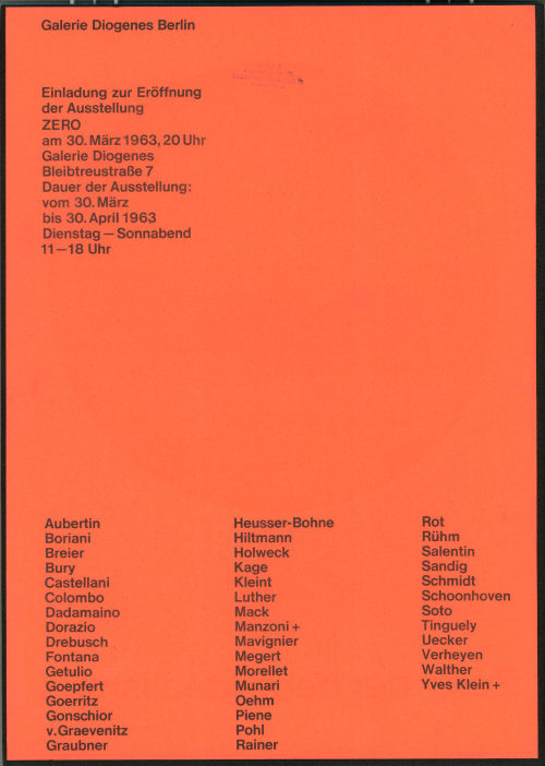 Galerie Diogenes (Beteiligte Institution), ZERO. Galerie Diogenes, Berlin, 30.03.-30.04.1963, 1963