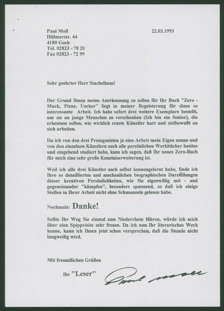 Korrespondenz von Paul Moll an Heiner Stachelhaus