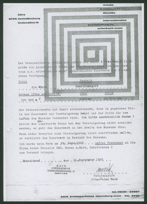 internationales kunstzentrum e.v. erlenbach-main (Absender*in), Korrespondenz von Internationales Kunstzentrum e.V. Erlenbach-Main an Heinz Mack, 11.09.1962