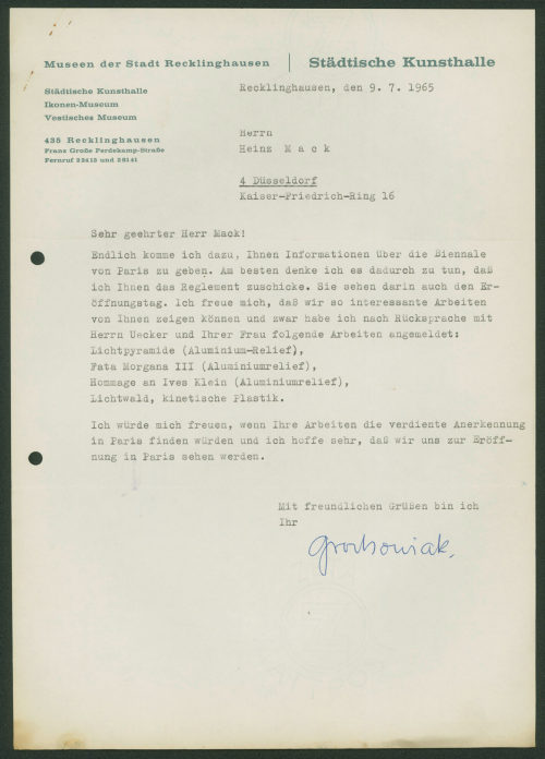 Städtische Kunsthalle Recklinghausen (Absender*in), Korrespondenz von Städtische Kunsthalle Recklinghausen an Heinz Mack, 09.07.1965