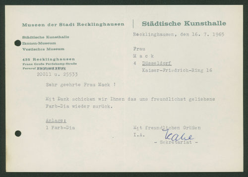 Städtische Kunsthalle Recklinghausen (Absender*in), Korrespondenz von der Städtischen Kunsthalle Recklinghausen an [Margret] Mack, 16.07.1965